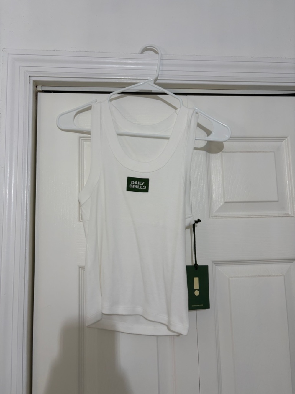 Daily Drills White Ribbed Tank with Green Logo Patch